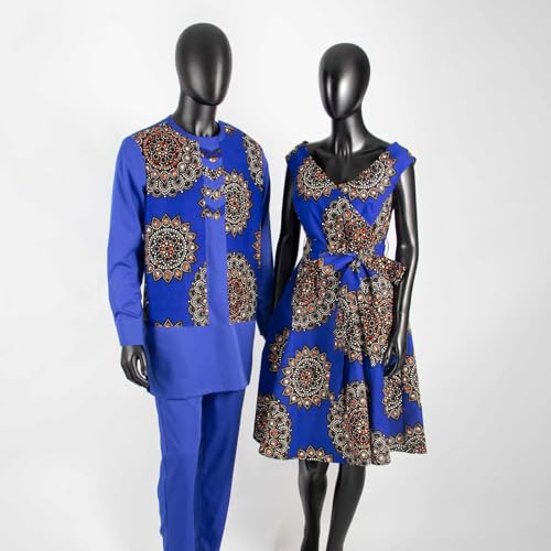 African Sexy V-neck Dresses with Belt for Women Matching Couple Outfits Dashiki Men Clothes Shirt and Pant Sets2