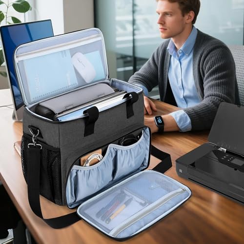 Image of CURMIO Portable Printer Carrying Case Compatible with HP Tango /Tango X, OfficeJet 200 /250, Wireless Mobile Printer Bag with 15.6 inch Laptop Sleeve and Accessory Pockets for Power Cable and Cartridges