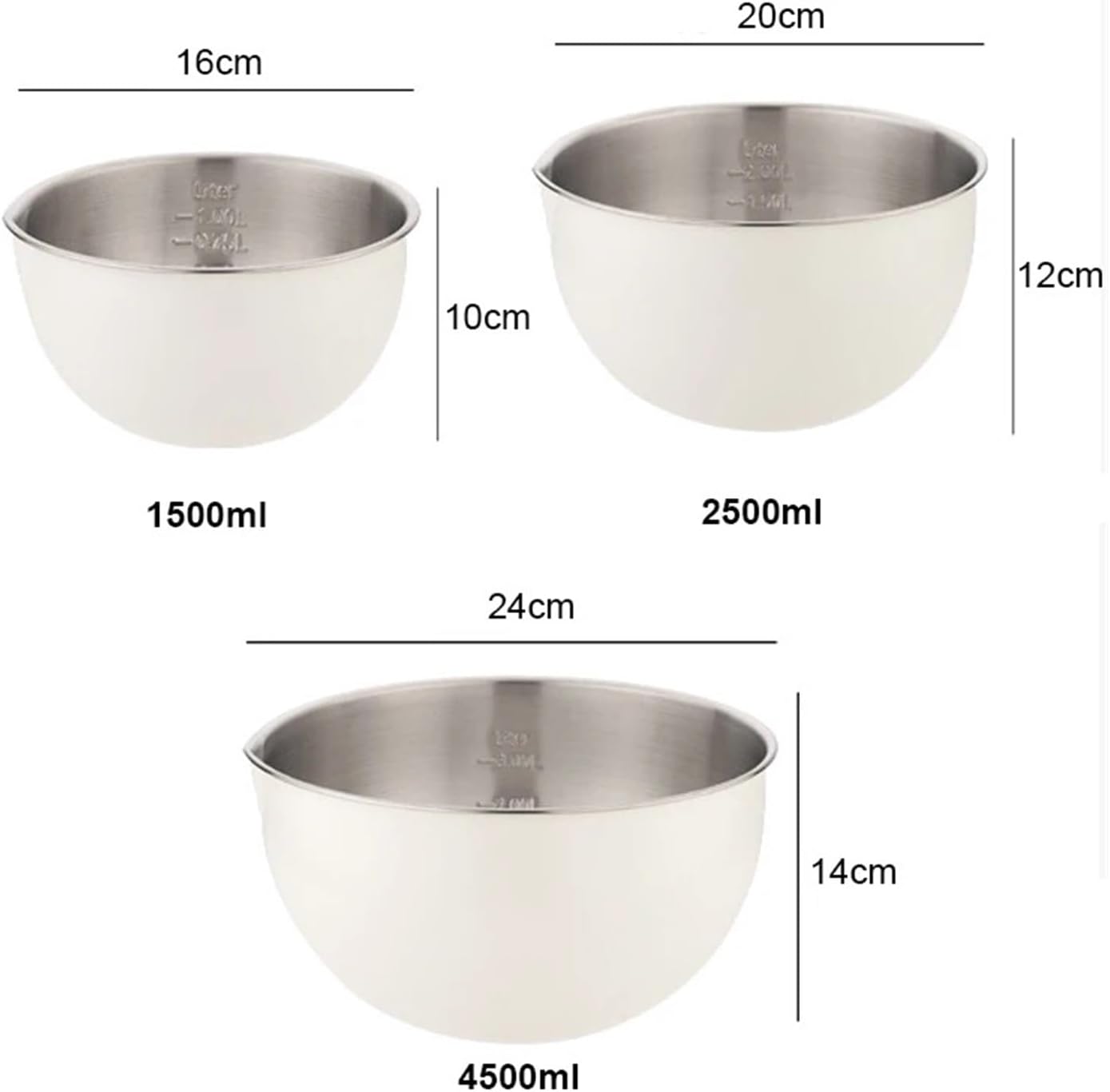 1.5L/2.5L/4.5L Stainless Steel Mixing Bowls Whisking Basins Kitchen Tableware For Cooking Pastries Salad(White 2.5L)