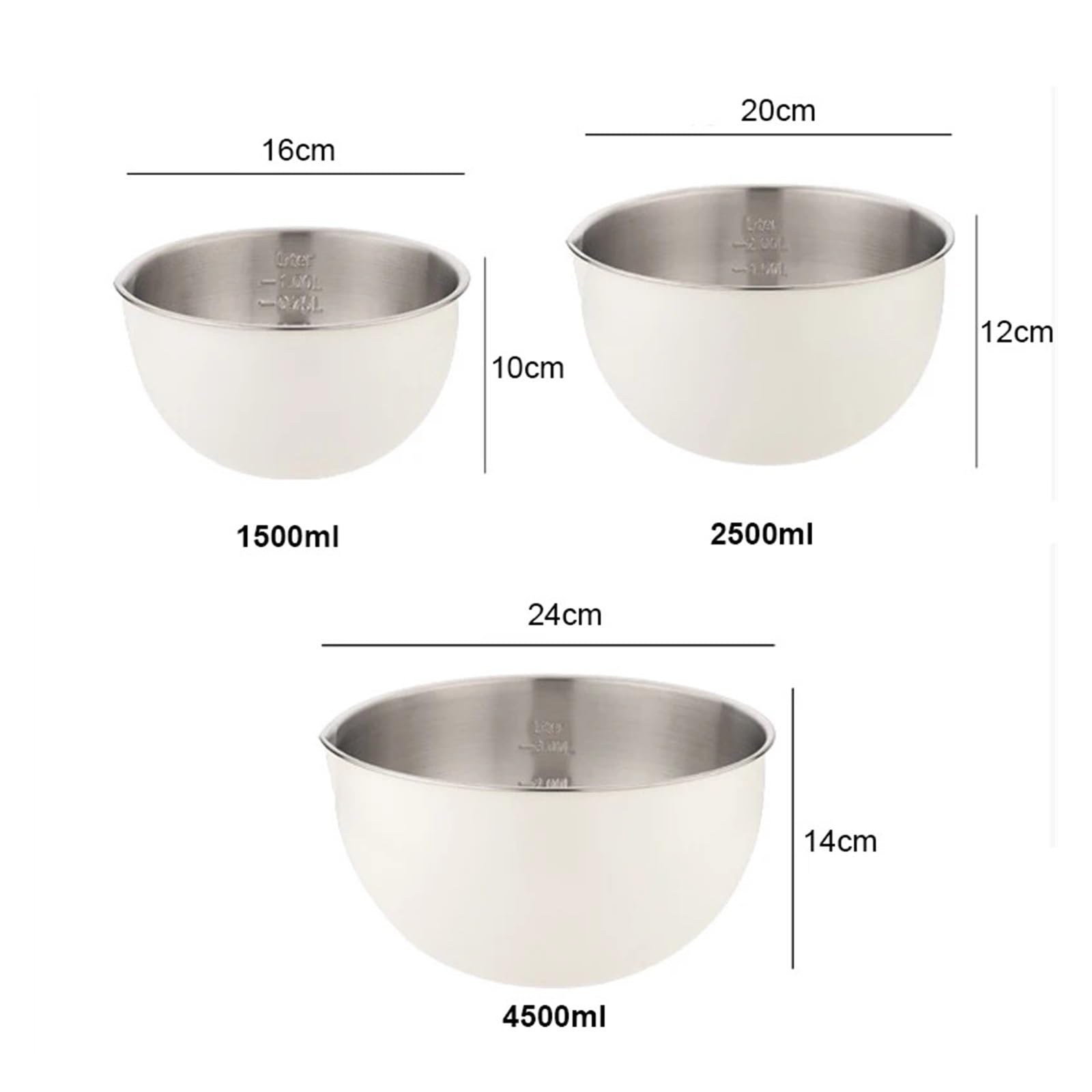 Tazones for mezclar de acero inoxidable 1,5 L/2, L/4, L, recipientes for batir, utensilios cocina for cocinar pasteles y ensaladas(White 4.5L)