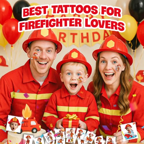 Image of Custom Firefighter Temporary Tattoos for Kids, Set of 20 | Personalized Pre-Cut Face Photo, Birthday Party Favors, For Boys & Firefighter Lovers, Unique Celebration Gifts