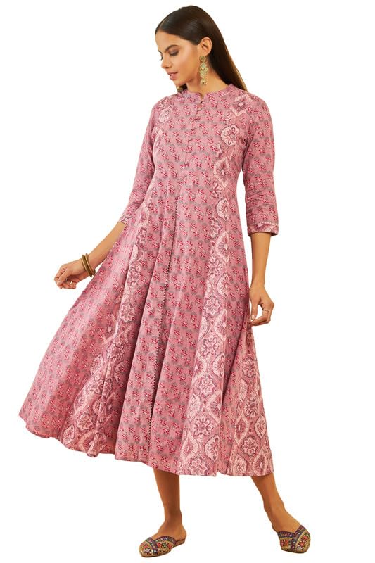 soch Womens Onion Pink Cotton Floral Print Flared Dress with Gota Patti Work-picture-10