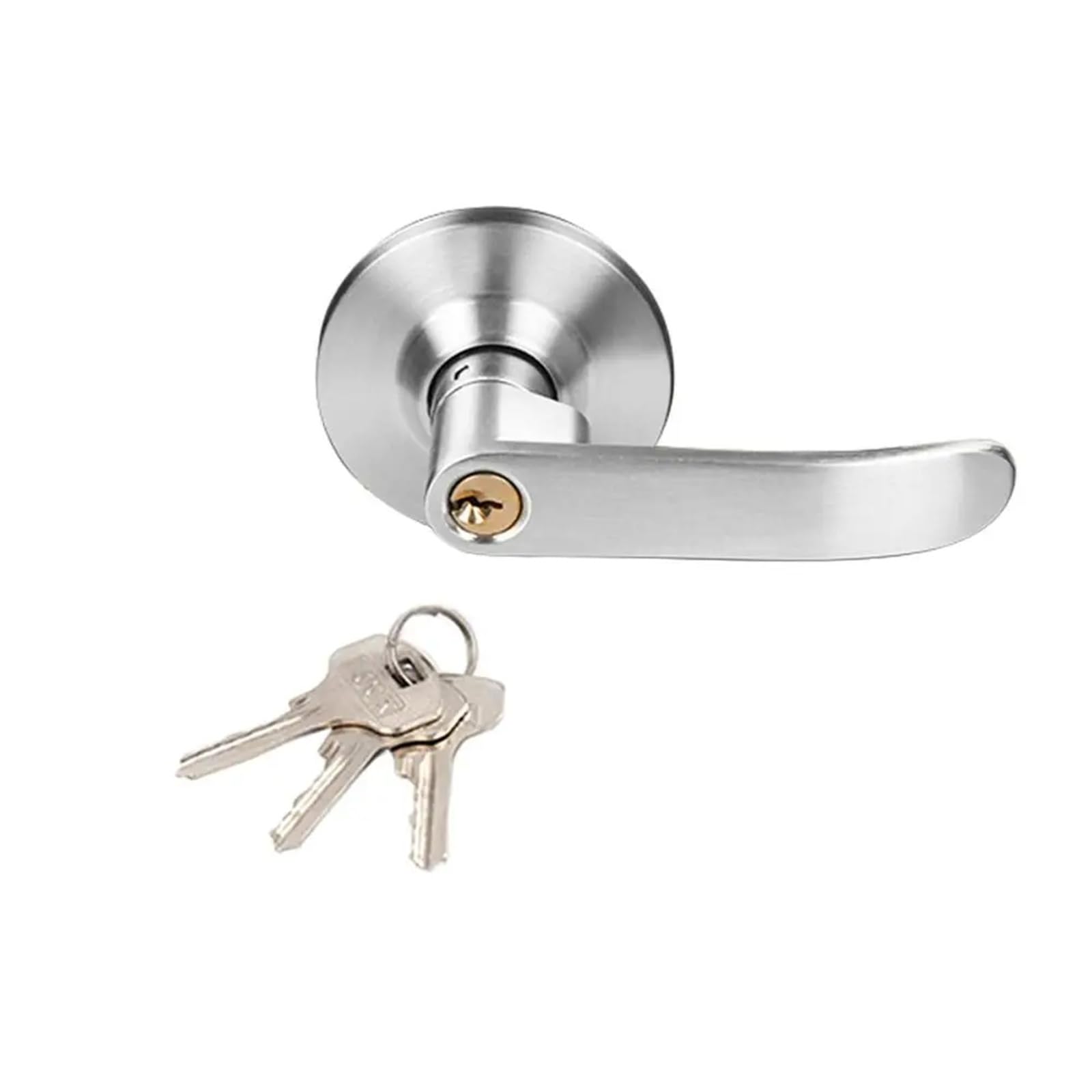 Interior Reversible Door Lock Lever Straight with Round Trim Privacy Handle Satin Brass Finish(Silver-70mm Keys)