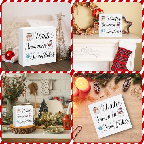 Image of Winter Decor, Snowflake Snowmen Wood Box Sign, Winter Wonderland Christmas Home Office Decorations for Desk Table Shelf 5 X 5 Inches