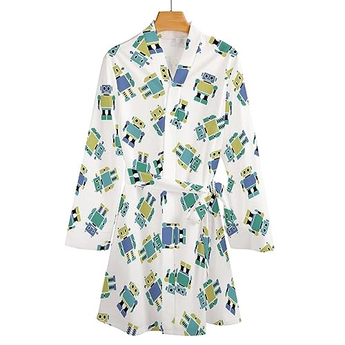 Robots Bathrobe for Women Soft Lightweight Knee Length Loungewear Spa Bathrobe Long Sleeved Nightgown S - Image 6