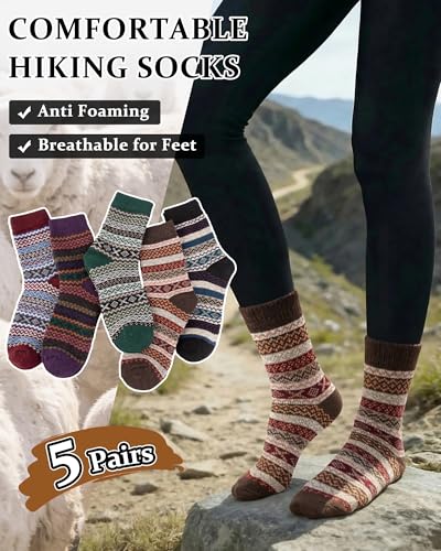 Image of Loritta Wool Socks for Women, Winter Warm Hiking Boot Socks Gifts | Classic Cozy Crew, Vintage Knit, Soft Thick House Socks, Outdoor, Christmas Gift, Stocking Stuffers for Mom Grandma Wife