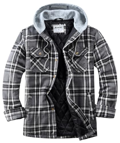 Men's Quilted Lined Flannel Shirt Jacket Button Down Flannel with Hood Lightweight Quilted Jackets for Men