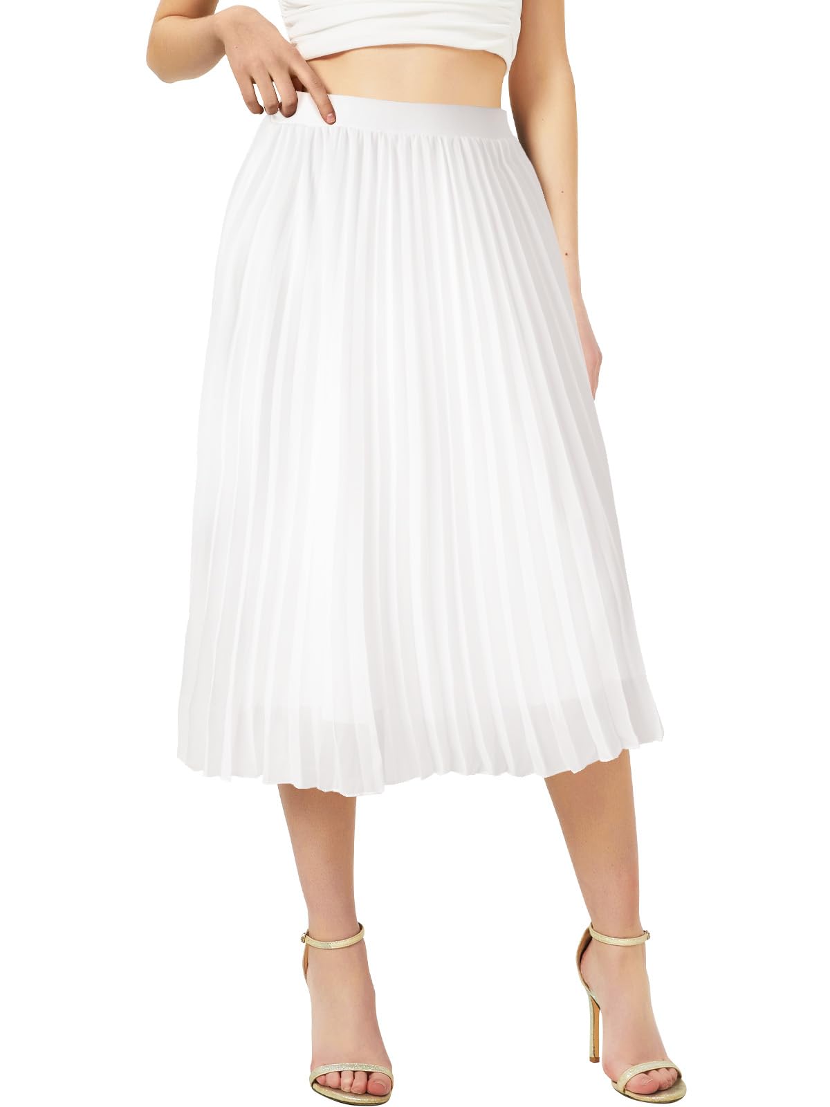 Soudittur Damen Sommer Chiffon Rock A-Linie Plissee-Rock Midilänge Faltenrock mit Elastischer Taille Leichter Flowy Midirock für Freizeit, Strand & Party