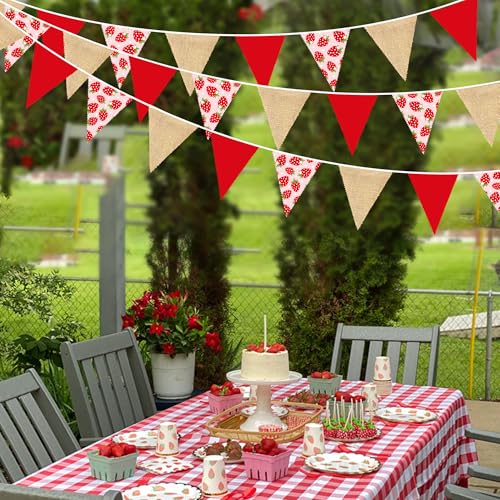 Image of 32Ft Strawberry Party Decorations Red Strawberry Burlap Triangle Flag Fabric Banner Pennant Garland Streamer for Berry Sweet Girls Birthday Wedding Engagement Baby Shower Rustic Party Decor Supplies
