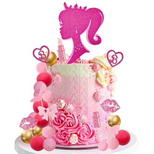 MEMOVAN Hot Pink Girl Cake Topper 31PCS -Princess Makeup Cake Topper Decoration with Pink Gold Ball Glitter High Heel Lipstick Lips Bow Tie for Bachelorette Boho Girl Hot Pink Princess Theme Party
