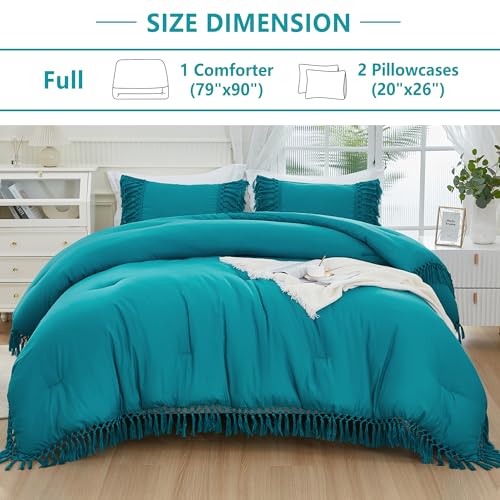 Image of Andency Turquoise Full Size Comforter Set, 3 Pieces Boho Tassel Lightweight Soft Bedding Comforter Sets, All Season Fluffy Fringe Bed Set (79x90In Comforter & 2 Pillowcases)