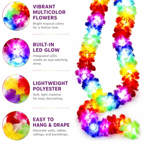 Image of 65.62 ft Light up Hawaiian Flower Lei Garland Tropical Hawaiian Garland LED Lighted Luau Party Flower Banner for Luau Summer Beach Party Decorations