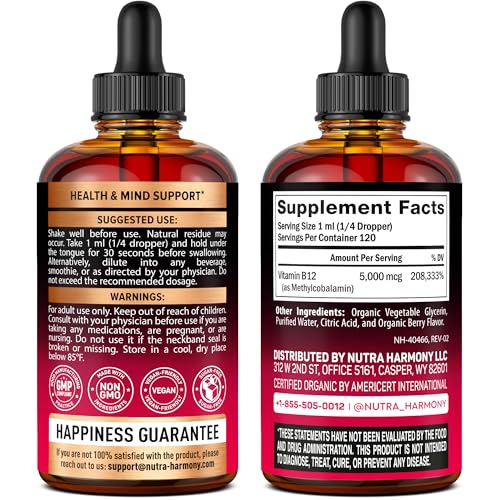 USDA Organic Vitamin B12 Sublingual Drops - Energy Boost, Focus & Mood - 4 Month Supply, 4 fl oz