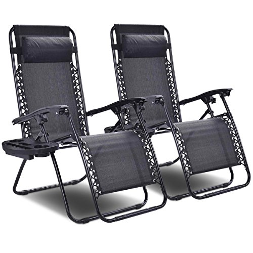 Image of GIANTEX 2 PCS Zero Gravity Chair Patio Chaise Lounge Chairs Outdoor Yard Pool Recliner Folding Lounge Chair with Cup Holder (Black)