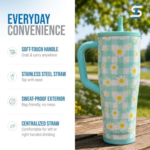Image of Ice Shaker 40 oz Tumbler with Handle and Straw | 40oz Daisy| Cold for 30+ Hours | 2-in-1 Tumbler Shaker Bottle | Odor-Free 40 ounce Bottle for Water, Protein Shakes, Smoothies, Cocktails