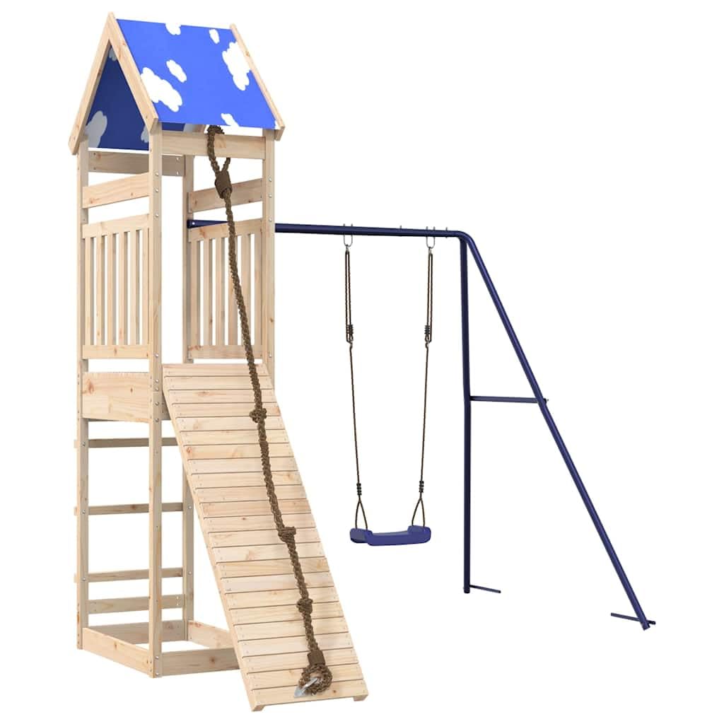 Torre da gioco in legno di pino massiccio con piattaforma da 118 cm, rampa da arrampicata, altalena e sabbiera, stabile struttura a forma di A per il giardino, con tetto a nuvola e ringhiera di