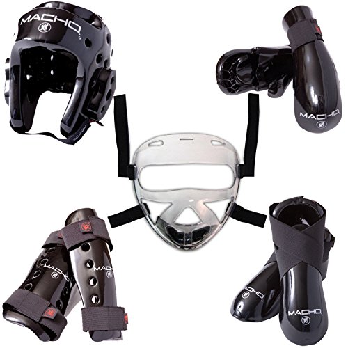 Macho Dyna 8 Piece Sparring Gear Set with shin Guards and face Shield Black Child Medium