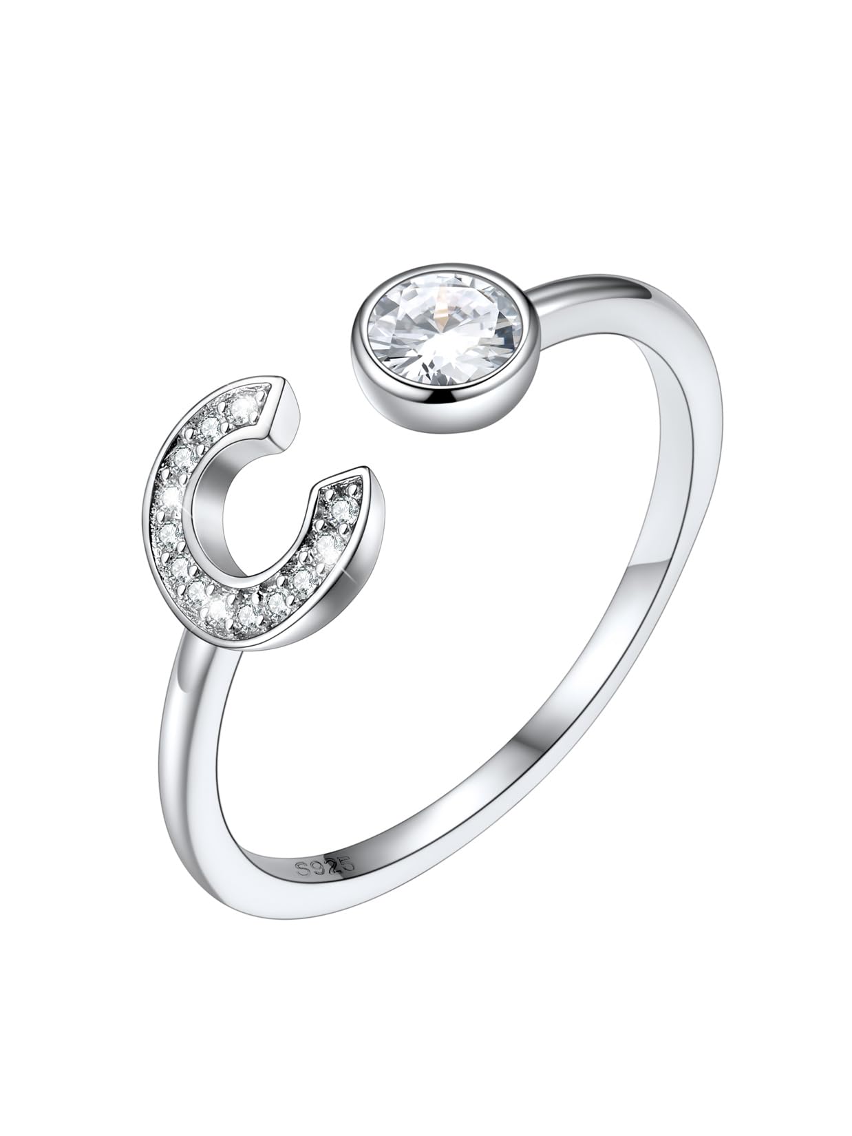 SILVERCUTESterling Silver Initial Letter Open Rings, Adjustable Size, White Cubic Zirconia, Gift for Women GirlsRecycled Claim Standard Blended