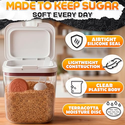 Image of Brown Sugar Container Keeper with Lid & Spoon - Airtight Clear Plastic Brown Sugar Canister with Moisture Disc - 1-Button Easy Open Jar, Clump-Proof Soft & Fresh Storage with Silicone Seal, 2 Quart
