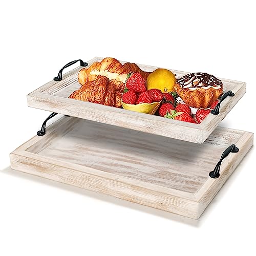 Set of 2 Rustic Farmhouse Wooden Serving Tray with Handles,