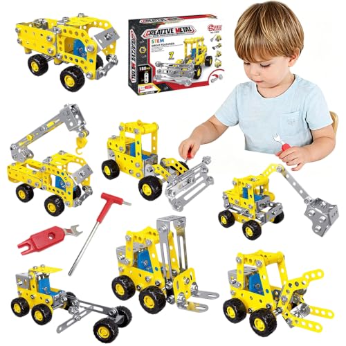 Hojalis Metallbaukasten, Konstruktionsspielzeug Spielzeug, Bulldozer Lernspielzeug, 7 Modelle Baustellenfahrzeug, DIY Baustellenfahrzeuge, Geburtstagsgeschenke für Kinder ab 6 Jahren