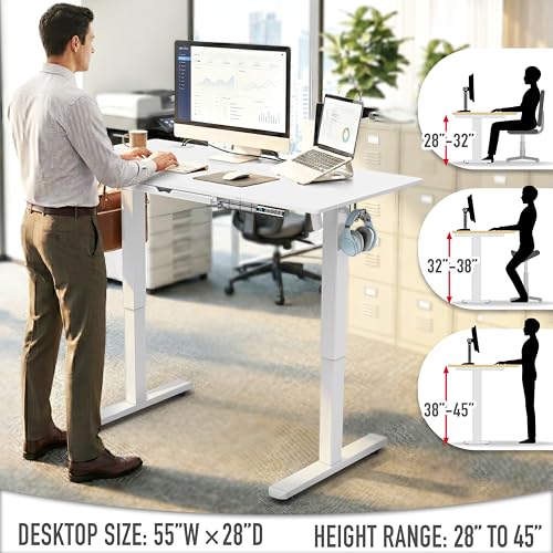 Image of SHW 55 x 28 Inches Electric Height Adjustable Standing Desk with Drawer and Memory Preset, White