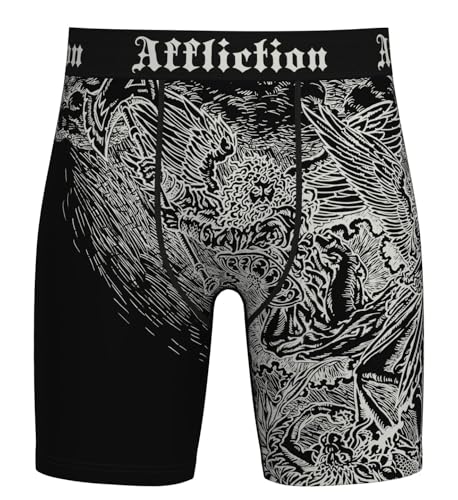 Affliction Men's Boxer Briefs, Black with Gothic Wing Art Print Design, Performance Athletic Underwear