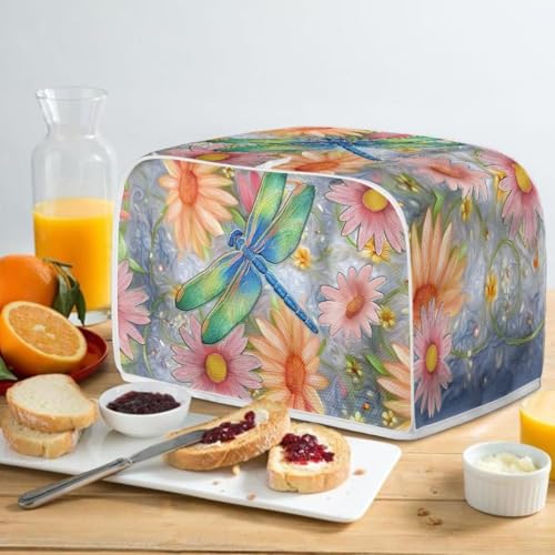Image of Talayituse Dragonfly Daisy Flower Print Toaster Cover 2 Slice Wide Slot, Lightweight Bread Maker Cover Dust Protection Washable Appliance Bag, S