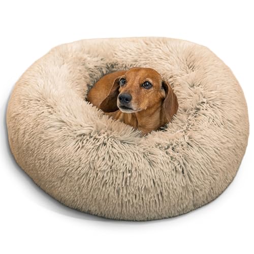 Best Friends by Sheri The Original Calming Donut Dog Bed for Small Dogs up to 25 lbs, Shag Faux Fur, Taupe, 23' x 23'