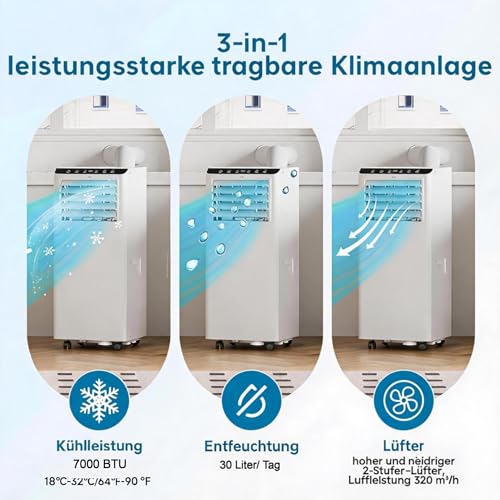 Thaookte 7000 BTU Klimaanlage mobil, 3- in- 1 Klimaanlage sehr leise Laufgeräusche 51dB, 24h- Timer Mobile Klimaanlage mit Fernbedienung, einfache Selbstmontage, ideal für Wohnzimmer, Schlaf-5