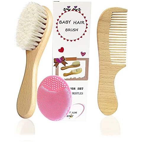 Molylove 3PCS Baby Hair Brush with Wooden Handle and Comb Set for Newborns & Toddlers | Natural Soft Goat Bristles l Wood comb l Pink Silicone Brush| Ideal for Cradle Cap Cover