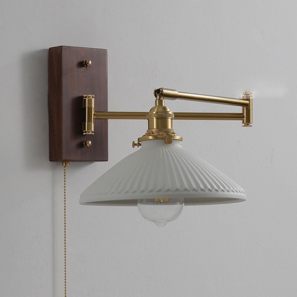 Applique da Parete per Interni Vintage in Ottone con Braccio Orientabile Regolabili in Legno E Ceramica Stile Industriale per Comodino Camera da Letto E Porta