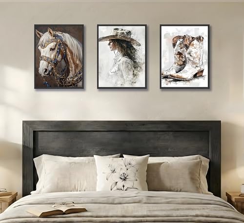 Image of 3pcs Western Vintage Cowgirl Canvas Prints Wall Art 12x16 inches Unframed | Cowboy,Horse,Boots Art Prints, Rustic Farmhouse Country Poster, Room Bedroom Dorm Decor