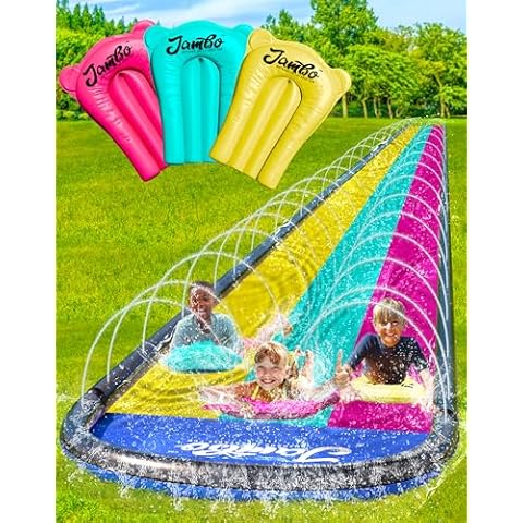 JAMBO 20Ft XL Premium 3 Lane Slip Splash and Slide with 3 Bodyboards, Heavy Duty Water Slide- Advanced 3-Way Water Sprinkler System, Backyard Waterslide Outdoor Water Toys n Slides for Kids Splash Pad Cover