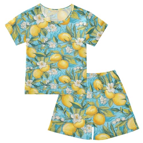 ALAZA Lemon on Blue Background Pajama Set Short Sleeve Sleepwear Soft Lounge Nightwear