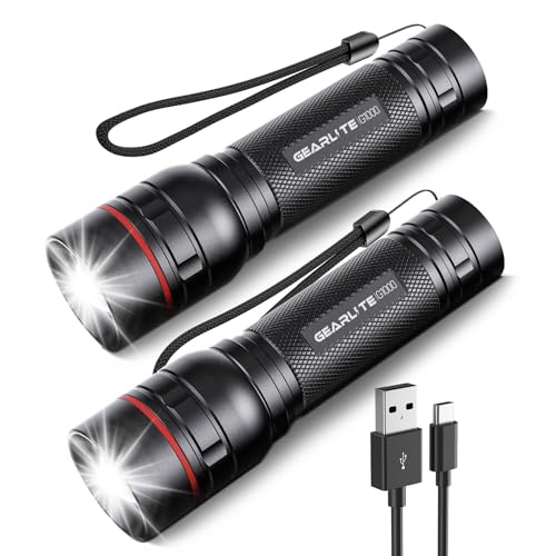 GEARLITE LED Torch Rechargeable, 2 Pack 2000LM Super Bright Adjustable Focus Flashlight, 3 Lighting Modes, Long Battery Life, Waterproof Pocket Size Torch for Power Cuts, Emergency