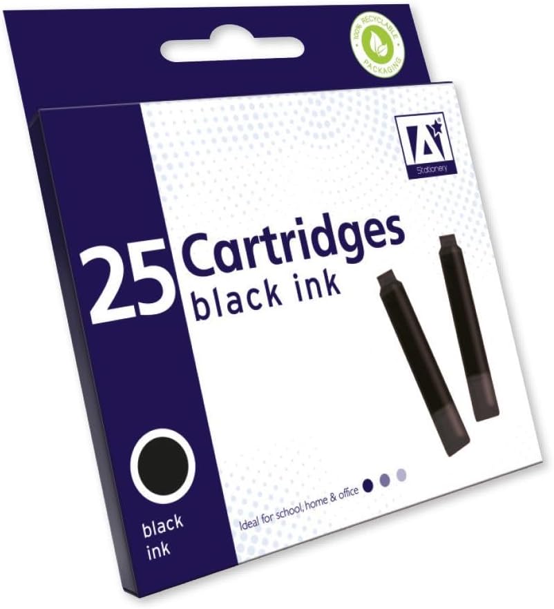 25 x Standard Sized Universal Black Fountain Pen Ink Cartridge Refills