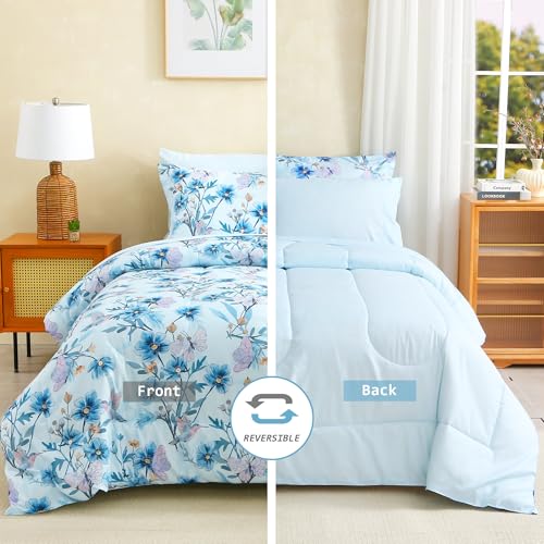 Image of lasoftan Floral Queen Comforter Set with Sheets, 7 piece Luxury Vintage Bedding, Soft Microfiber Bed in a Bag, Cozy Lightweight Bed Set, Blue Flower Leaf Botanical