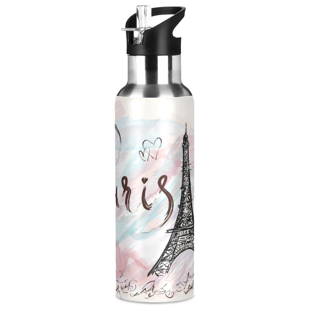 Edelstahl Wasserflasche mit Strohhalm, Paris Tower Isolierte Trinkflasche Sport Wasserflasche für Kinder Erwachsene, auslaufsicher, 1L