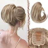 FESHFEN Hair Bun Hairpiece Fully Short Ponytail Bun Hair Chignon with Comb Clip Bun Updo Drawstring Bun Synthetic Highlight Hair Pieces Extension for Women, Light Ash Brown & Bleach Blonde