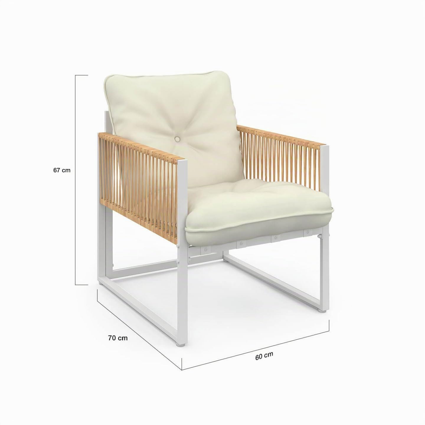 IDMarket – Muebles de Jardín Rio de Nivel Bajo 4 Plazas, Estructura de Metal Blanco, Cuerda de Efecto Ratán Claro y Cojines Beiges
