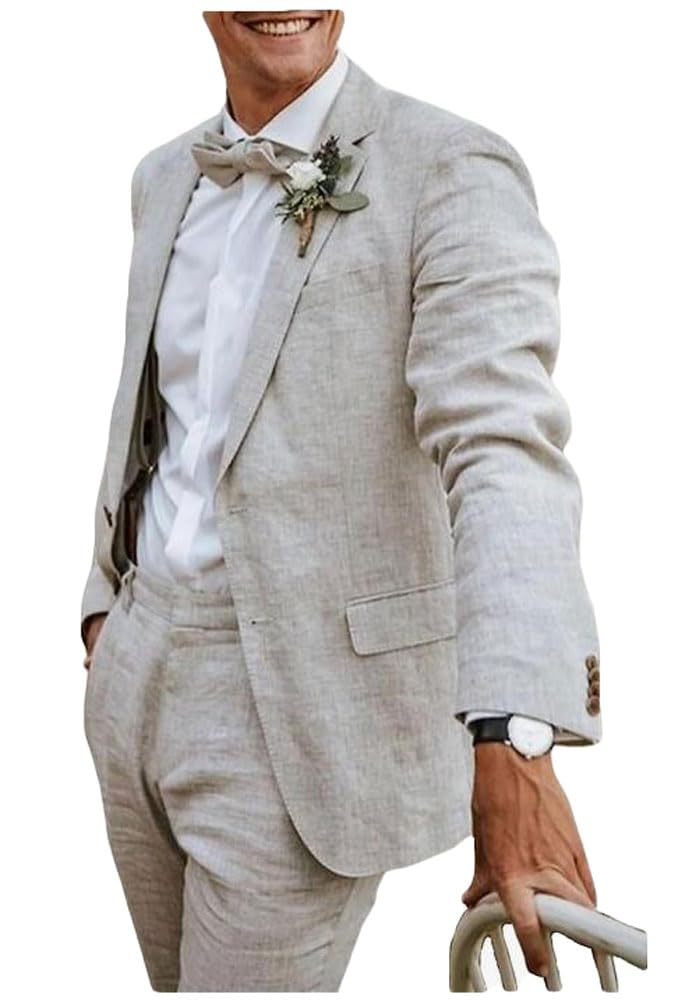 Botong 2 PC Mens Linen Suit Slim Fit Summer Wedding Suit Peak Lapel Jacket Pants Groomsmen Tuxedos Light Grey 42 Chest / 36 Waist
