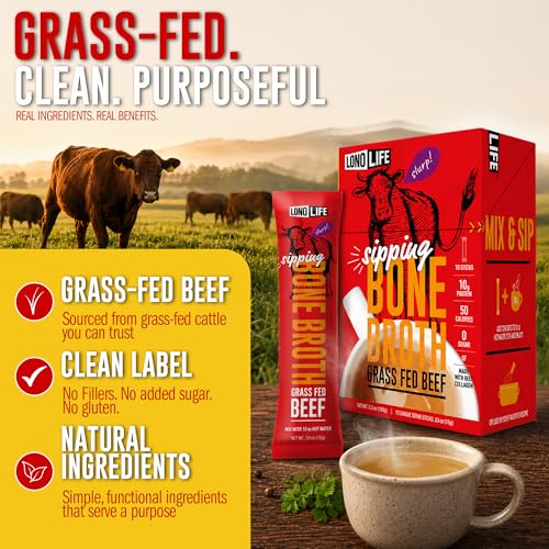 Image of LonoLife Beef Bone Broth Powder Mix | Grass-Fed, 10g Protein | Collagen-Rich, Keto & Paleo Friendly | Natural Ingredients | 10 Portable Stick Pack Servings (Pack of 3)