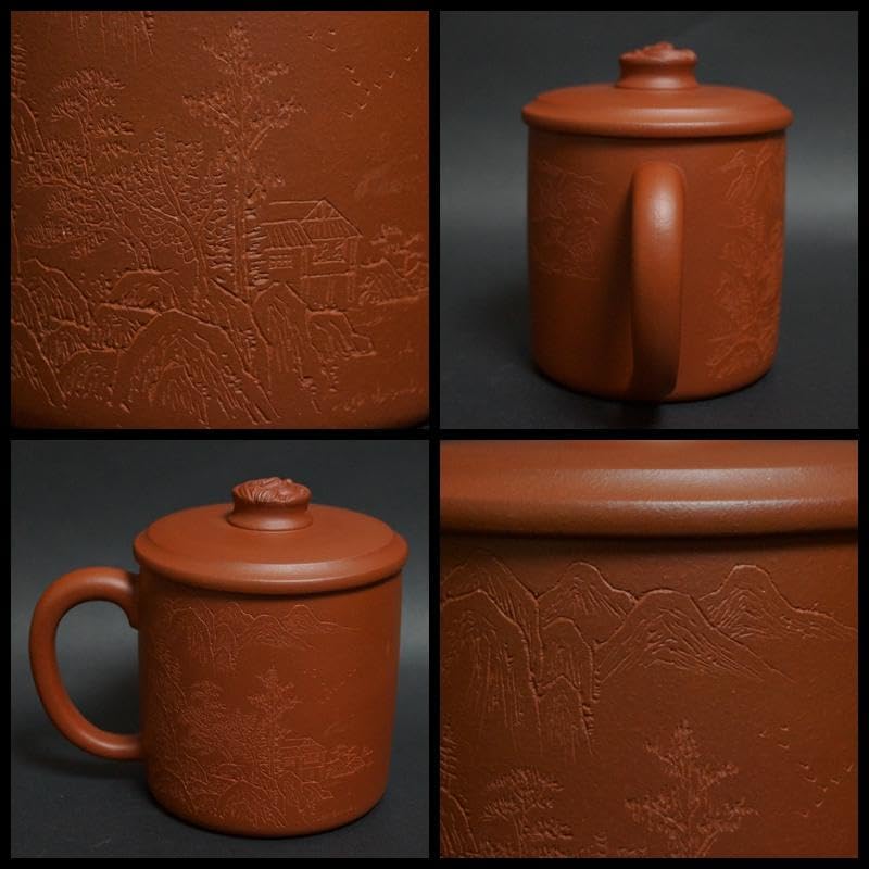 工芸美術師 許海中造 朱泥茶器 細密彫『山水風景図』蓋/持ち手付 龍摘 紫砂共箱 工芸美術師 許海中造 朱泥茶器 細密彫『山水風景図』蓋/持ち