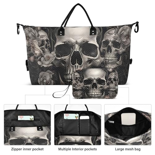 Large Travel Duffel Bag, Rose and Skulls Sports Tote Gym Bag, Shoulder Weekender Overnight Bag for Women Men, Carry On Luggage with Toiletry Bags2