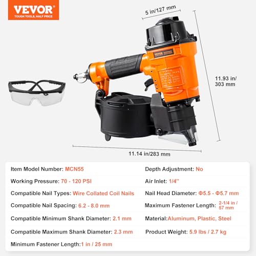 Image of VEVOR MCN55 Coil Siding Nailer, 70-120PSI Air Coil Nailer 1 inch to 2-1 /4 inch 15 Degree Pneumatic Siding Nail Gun for Siding, Pallet Sheathing, Fencing, Decking