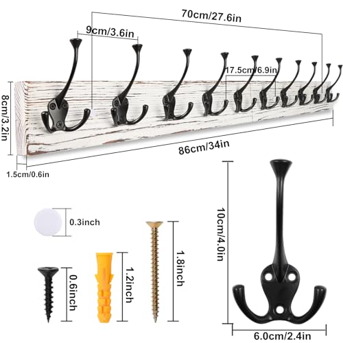 Image of IBosins 34'' Coat Rack Wall Mount with 10 Tri-Hooks, Heavy Duty, Vintage White Color Wood Coat Hanger, Rustic Coat Hooks Rail for Entryway Living Room Coat Scarf Bag Towel Hat
