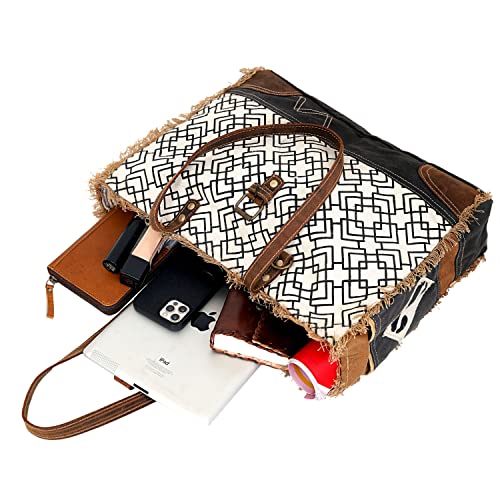 Image of Upcycled Canvas & Leather Shoulder Bag Tote Crossbody Purse Leather Tote Bag Classic Canvas Tote