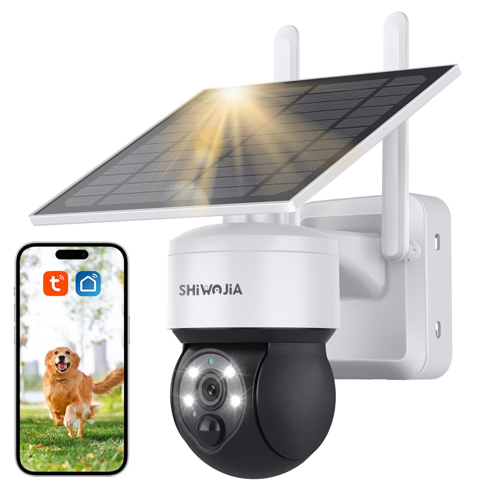 Shiwojia 2K 3Mp Wireless Solar Wifi Surveillance Camera, Tuya Smart Solar Camera, 360° Ptz, Night Vision Colour, Two-Way Audio, Pir Siren, Ip65