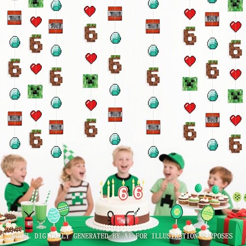 Image of 46Ft Pixel 6th Birthday Party Decorations Green Brown Miner Themed Garland Streamer for Kids Boys 6th Mining Craft Birthday Pixel Miner Gamer Cartoon Baby Shower Mining Party Decor Supplies